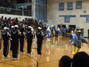 Hillcrest’s Band & Color Guard Perform during the 9/23/16 Pep Assembly while “Henry the Hawk” pumps up the crowd