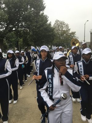 The Hillcrest Marching Hawks led by Drum Major Taryn Winters during the The Circle City Classic Parade, Indianapolis, IN 2016