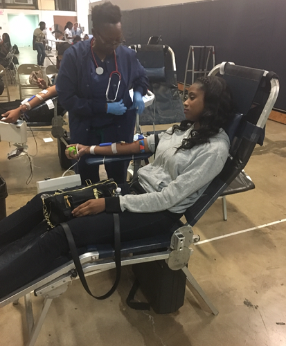 Mariah is relaxed and ready to donate at the Hillcrest Blood Drive. (10/16)