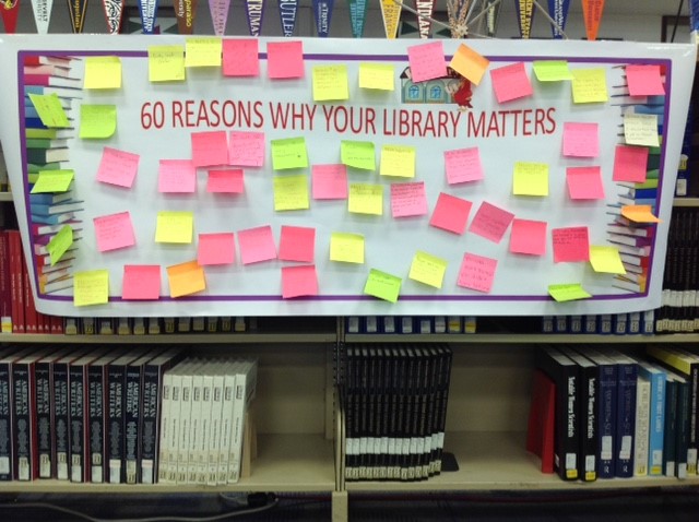 Pictured is a banner where people posted reasons why their library matters. There were over 60 reasons posted